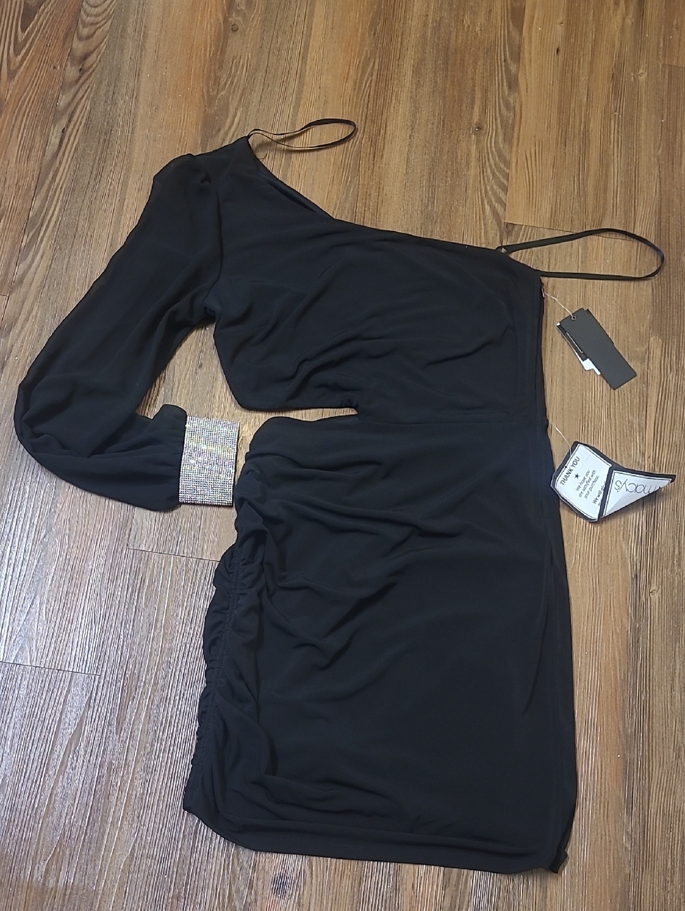 City Studio Black One-Shoulder Dress with Rhinestone Cuff